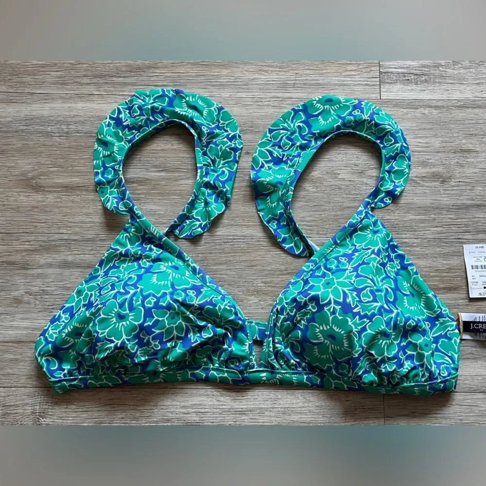 J Crew Women's Ruffle-Shoulder Vneck Bikini Top Printed Floral